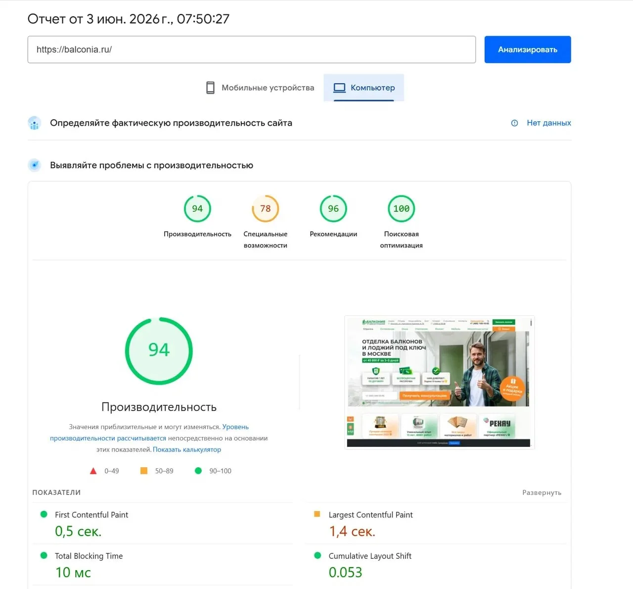 Данные Google PageSpeed Insights по скорости сайта balconia.ru