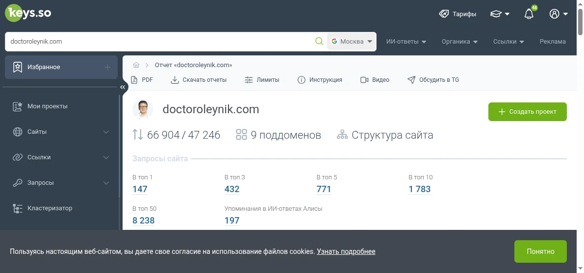 Данные Keys.so по позициям сайта doctoroleynik.com в Google