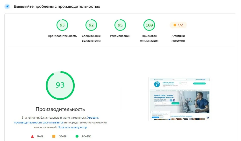 Результат проверки скорости сайта doctoroleynik.com в PageSpeed Insights для мобильных устройств