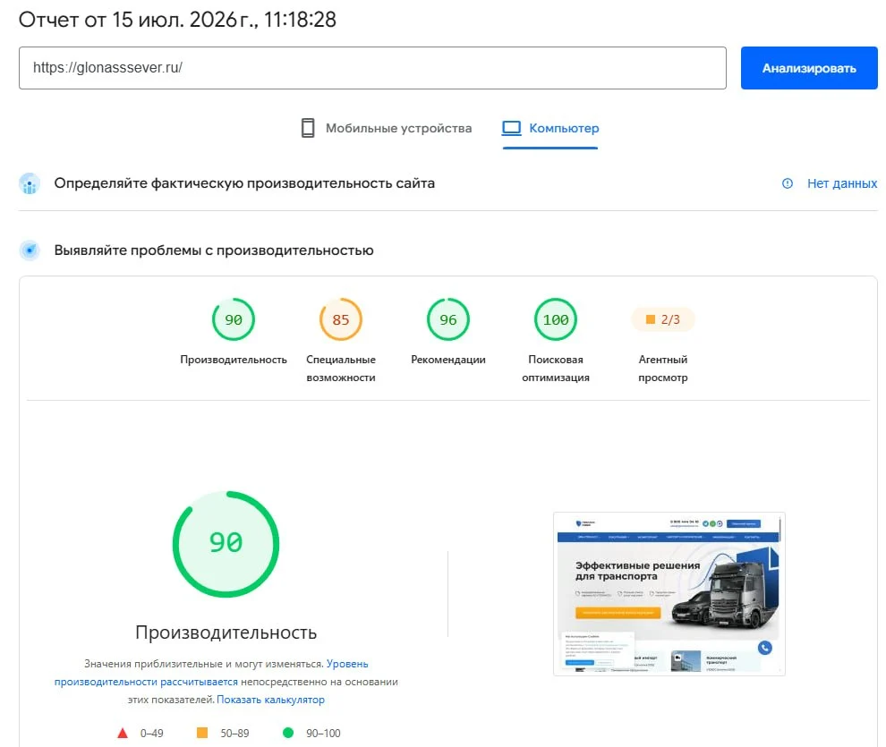 Контроль производительности сайта glonasssever.ru