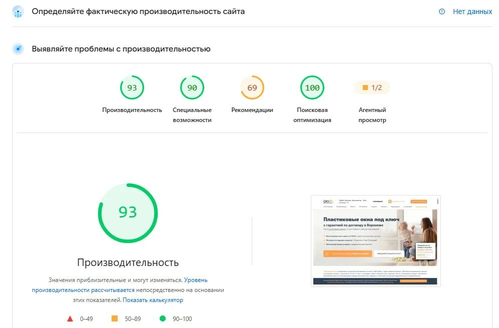 Оптимизирована скорость сайта okna-voronezh.ru